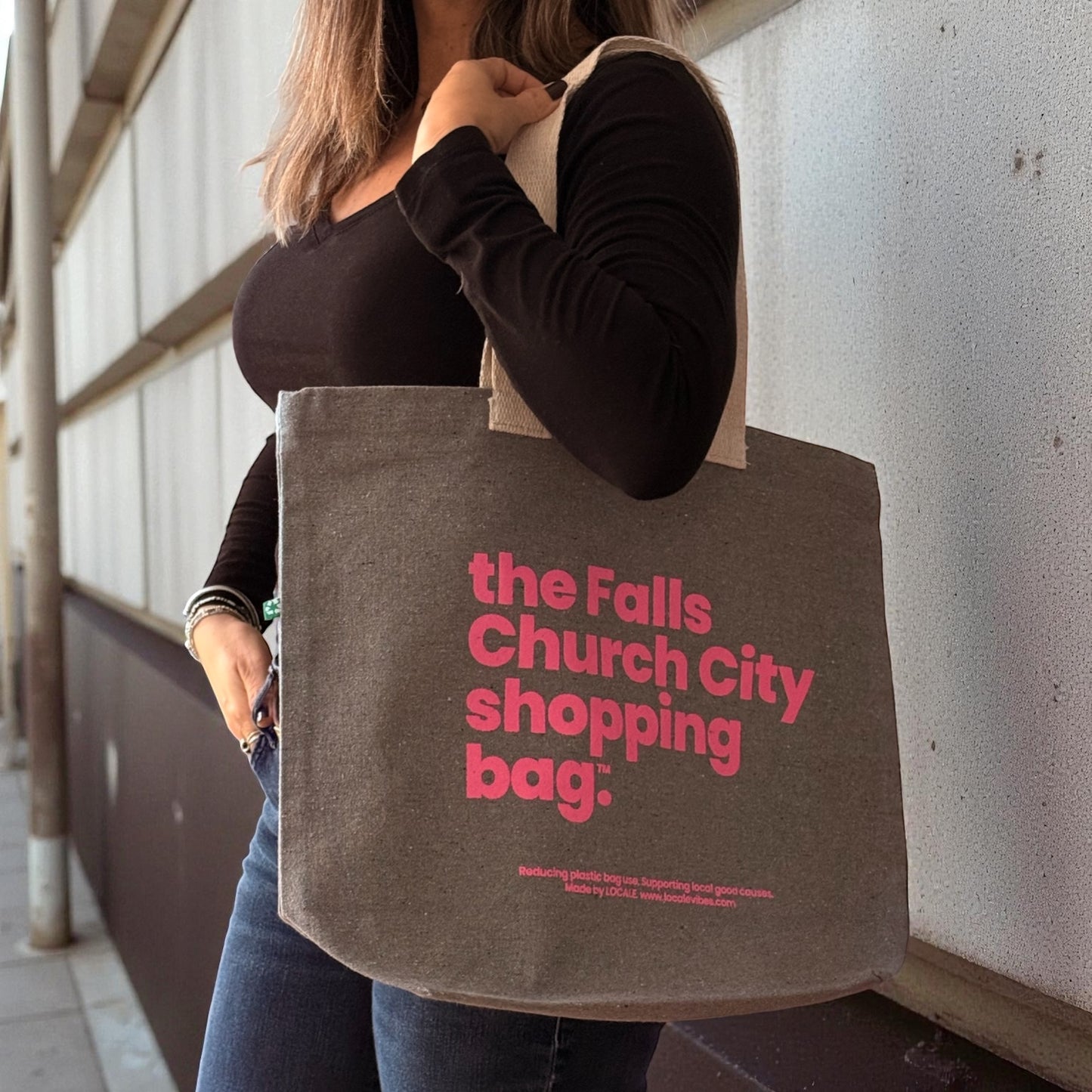 LOCALE Reusable Canvas Tote — Light Ash Grey / Electric Pink — Printed in the USA